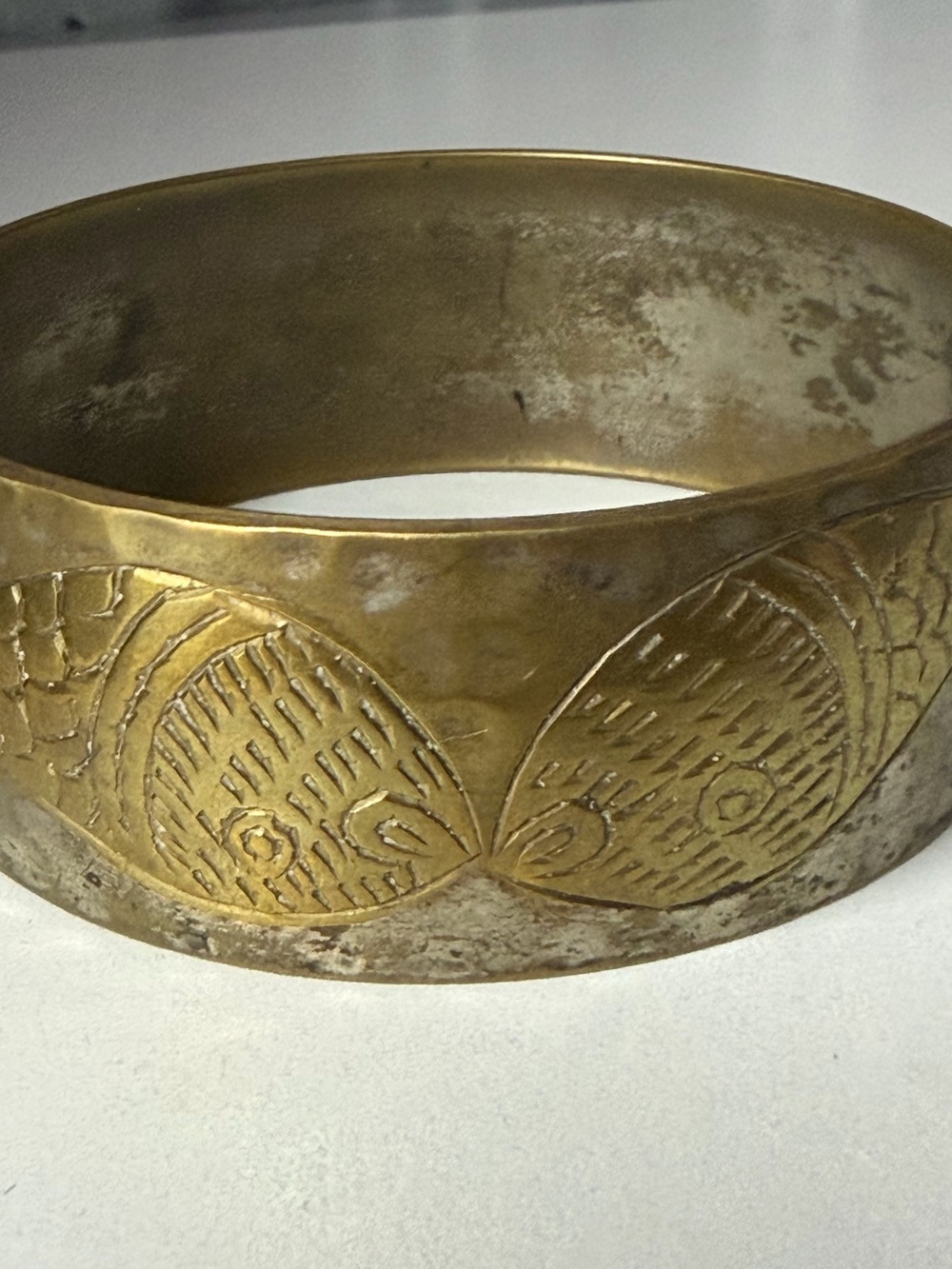 Engraved Brass Fish Bangle - Gold Tone